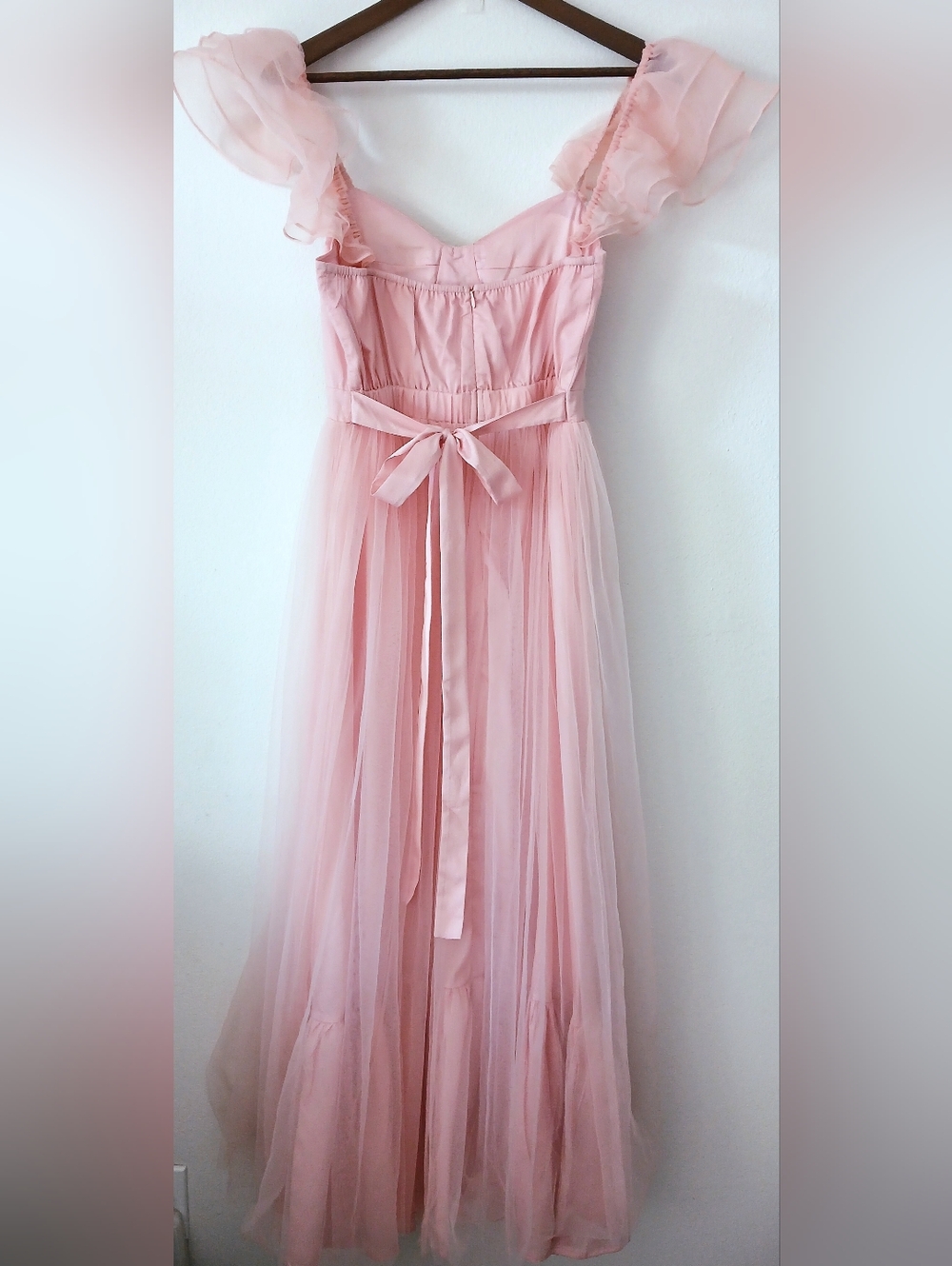 Blush PINK Tulle Midi DRESS Ruffle Bow Waist MABLE Graduation Wonen's Size M - Picture 3 of 15